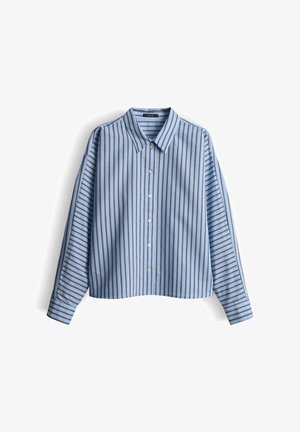 Hellblaues Hemd mit durchgehender Knopfleiste und vertikalen Streifen, ausgestattet mit spitzem Kragen, langen Ärmeln und weißen Knöpfen, gefertigt aus glattem Stoff.