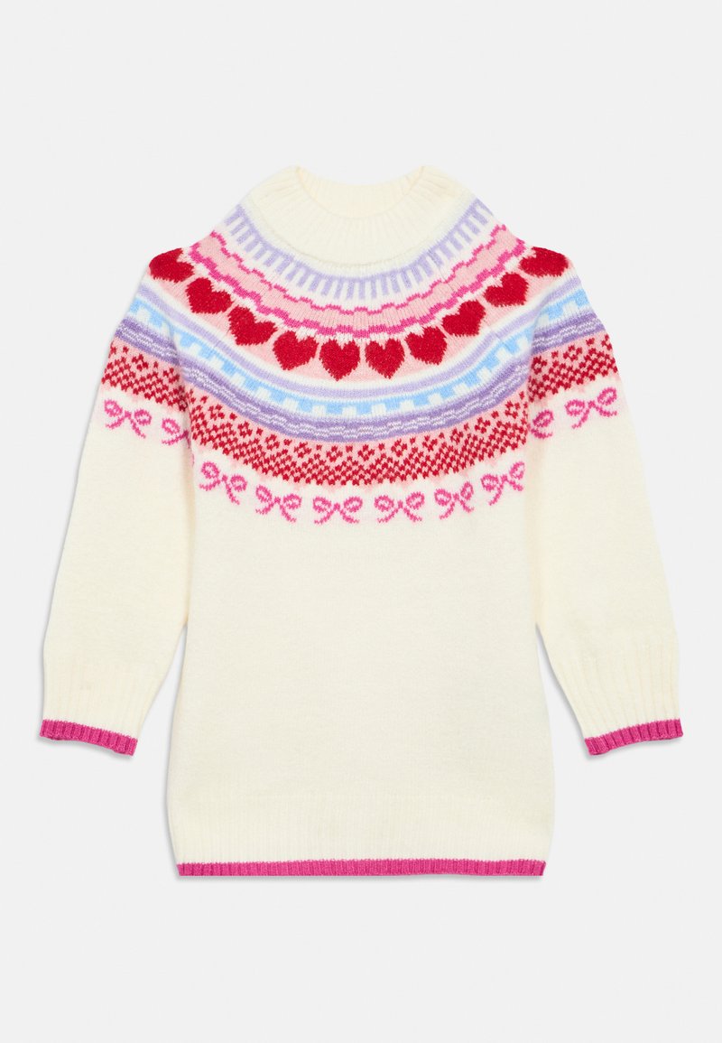 Džemper boje kreme s visokim rebrastim ovratnikom. Ima šareni uzorak srca i mašni u crvenoj, ružičastoj, ljubičastoj i plavoj boji. Ružičasti rebrasti manšeti.