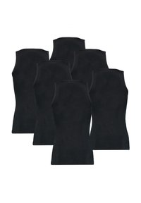 Schwarze ärmellose Baumwoll-Tanktops in einem taillierten Design, fünf Stück gestapelt, mit einer glatten Textur und einfarbig ohne Muster.