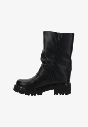 Bottines noires en cuir avec un design flou et une fermeture éclair sur le côté. Semelle en caoutchouc épais avec un profond relief pour une meilleure traction. Texture lisse avec une finition brillante.