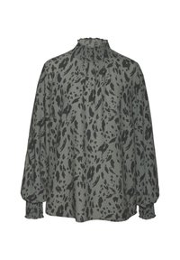 Blusa verde con stampa leopardata astratta nera, colletto alto arricciato e polsini elasticizzati. Presenta una vestibilità comoda e una morbida texture del tessuto.