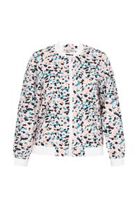 Bomberjakke med en pink bund, der har et abstrakt mønster i sort, teal og lys pink; ribbede hvide manchetter og krave, forsvarslukning.
