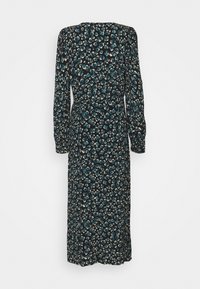 Robe midi noire à manches longues avec imprimé floral turquoise et beige, taille cintrée et jupe droite, vue de dos sur fond blanc.