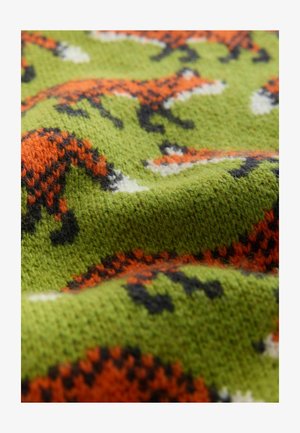 Knit fabric with a bright green background featuring a repeated pattern of orange foxes, black outlines, and white accents. Soft texture.