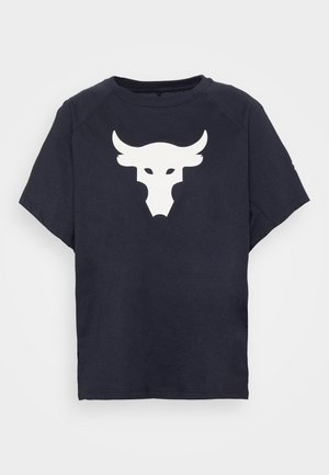 Navy blue cotton t-shirt with a round neck and short sleeves featuring a large white bull graphic on the front.