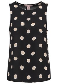 Blouse noire sans manches avec des pois beige et blanc irréguliers, col rond et ourlet droit.