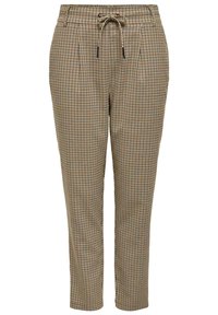 Bruna och beige rutiga byxor med dragsko i midjan, avsmalnande ben och två framveck. Tillverkade av ett lätt tyg.