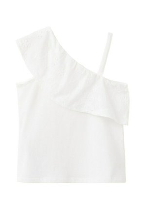 Biely tielkový top bez rukávov s jedným odhaleným ramenom a tenkým ramienkom, zdobený jemnou kvetinovou výšivkou na voláne.