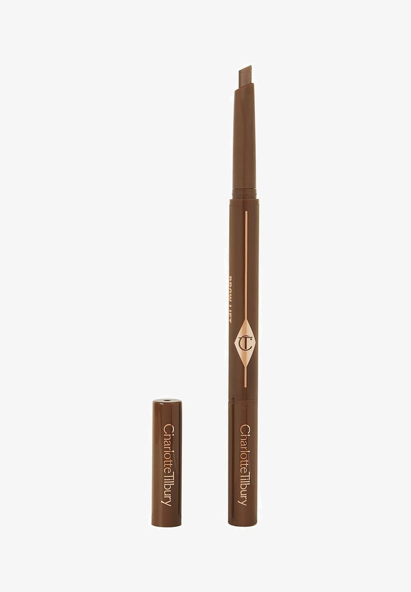 Retractable brown eyebrow pencil labeled Charlotte Tilbury with a square angled tip and its cap removed beside it.