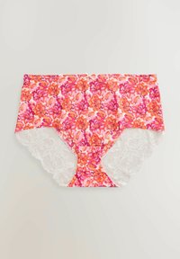 Blommigt mönster i livfullt rosa och orange med vit spetskant. Mjuk tyg, medelhög midja och en detalj av spetstyg på sidorna.