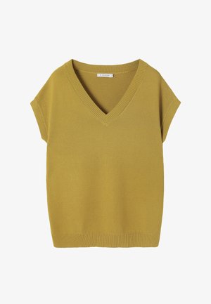 Kratki senf žuti pleteni džemper bez rukava s V-izrezom i rebrastim detaljima na izrezu, rukavima i rubu.