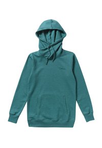 Haut à capuche teal en tissu doux, avec une grande poche avant, un cordon de serrage à la capuche et un petit logo "Volcom" brodé sur la poitrine.