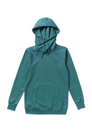 Teal pullover hoodie lavet af blødt stof, med en stor frontlomme, snoretræk i hætten og et lille "Volcom" logo broderet på brystet.