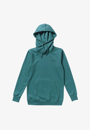 Teal pullover hoodie lavet af blødt stof, med en stor frontlomme, snoretræk i hætten og et lille "Volcom" logo broderet på brystet.