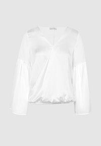 Blouse blanche avec un décolleté en V, des manches longues en tulle transparent et un ourlet élastiqué froncé. Fabriquée dans un tissu lisse et léger sans motifs ni accents visibles.