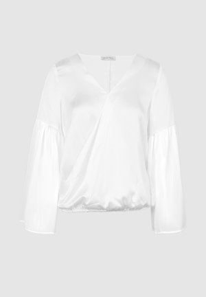 Blouse blanche avec un décolleté en V, des manches longues en tulle transparent et un ourlet élastiqué froncé. Fabriquée dans un tissu lisse et léger sans motifs ni accents visibles.