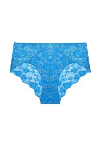 Niebieskie koronkowe majtki z kwiatowymi wzorami, delikatną teksturą oraz półprzezroczystym wzorem z falbankami.