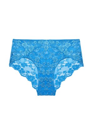 Culotte en dentelle bleue avec motifs floraux, texture délicate, et design semi-transparent avec des bordures festonnées.