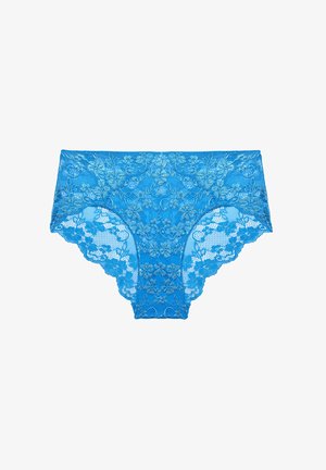 Blaue Spitzenunterwäsche mit Blumenmuster, einer zarten Textur und einem halbtransparenten Design mit gewellten Kanten.