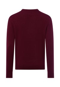 Burgunderfarbener Pullover mit langen Ärmeln, Rundhalsausschnitt und glatter Textur. Einheitliche Farbe und minimalistisches Design ohne Verzierungen.