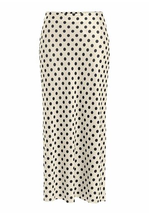 Jupe midi en satin crème avec un motif à pois noir, présentant une silhouette droite élégante et une texture lisse.