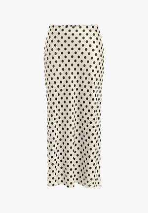 Kreemist satin midi seelikut mustade täppidega, millel on peen ja sirge siluett ning sile tekstuur.