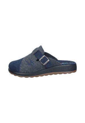Gray and navy felt slip-on clogs with a textured rubber sole, metal buckle accent, and embroidered logo on the side.