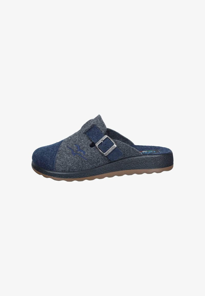 Gray and navy felt slip-on clogs with a textured rubber sole, metal buckle accent, and embroidered logo on the side.
