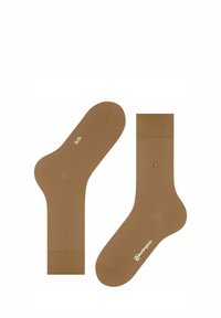 Chaussettes en coton marron avec une texture lisse, dotées d'un poignet côtelé et d'un petit logo sur un côté. Conceptions gauche et droite représentées.