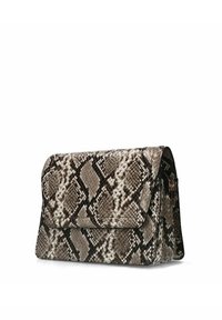 Brown and cream faux snakeskin clutch bag with a flap closure, featuring a textured pattern and black trim, rectangular shape, and gold hardware.