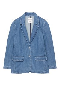Blazer en denim bleu clair avec deux poches à rabat devant, deux boutons et un col cranté, présenté sur fond blanc.