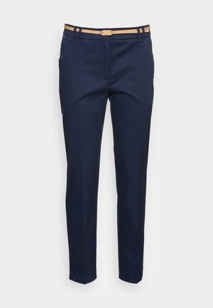 Navy trousers made of woven fabric, featuring a flat front, straight leg cut, and a tan belt with a clasp buckle.
