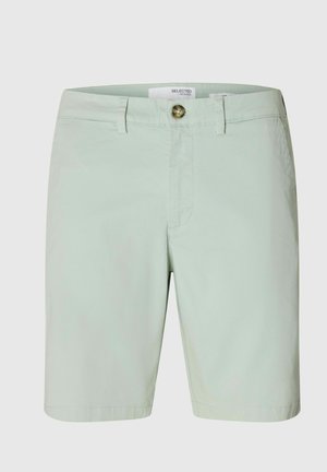 Svetlozelené pánske šortky s gombíkom a očkami na opasok, prednými vreckami a priamym lemom.