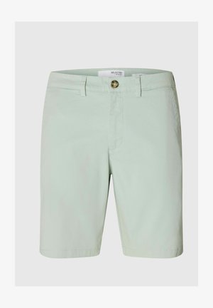 Lichtgroene herenshorts met knoop en riemlussen, voorzakken en een rechte zoom.
