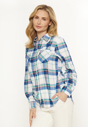 Camicia a maniche lunghe in flanella con un motivo a quadri blu, verde e rosa, due tasche sul petto e chiusura frontale con bottoni. Realizzata in tessuto leggero.