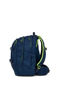 Navy blue backpack with multiple zippered compartments, neon green zipper accents, padded shoulder straps, and adjustable chest and waist belts.