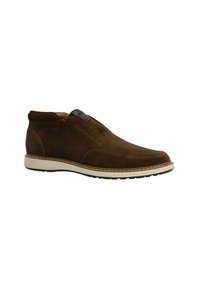 Boots chevilles en daim marron avec une finition lisse, un panneau arrière texturé, des panneaux latéraux élastiques et une semelle en caoutchouc blanc contrastant.