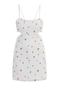 Rochie mini albă cu bretele subțiri, având un model de inimioare roșii mici, țesătură texturată cu dungi verticale, siluetă ajustată și detalii decupate.