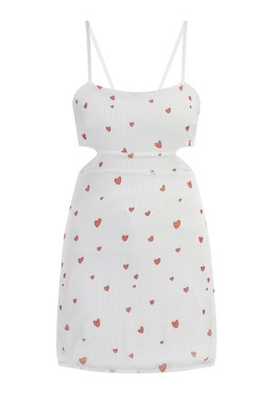 Valge minikleit õhukeste rihmadega, millel on väikesed punased südamekujud, tekstuuriline kangas, millel on vertikaalsed triibud, istuv siluett ja lõikeaukude detailid.