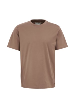 Camiseta marrón de manga corta hecha de un tejido suave, con un cuello redondo y sin patrones ni detalles, diseñada para el uso casual.