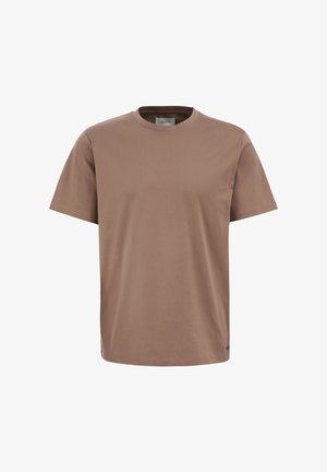 Tricou scurt cu mânecă scurtă de culoare brown, realizat dintr-un material moale, având un gât rotund și fără modele sau accente, destinat purtării casual.