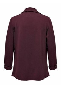 Bordeauxrode jas met lange mouwen, een gestructureerde afwerking, een omgeslagen kraag en opgerolde manchetten. Achteraanzicht met een eenvoudig ontwerp.