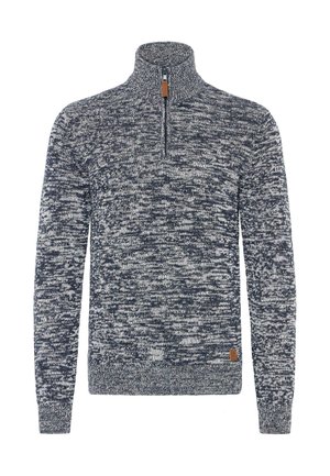 Adata zeķīte zilā un baltā krāsā ar ceturtdaļas rāvējslēdzēju, kas piedāvā teksturētu rakstu un mazu brūnu ādas logotipa uzlīmi uz apakšmalas.