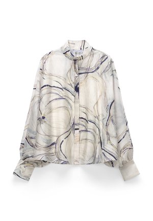 Long-sleeve, high-neck blouse with abstract beige, gray, and navy swirl patterns and cuffed sleeves.