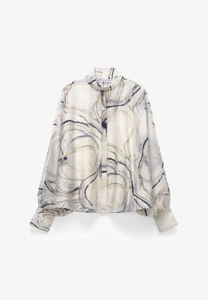 Blusa a maniche lunghe con collo alto, decorata con motivi astratti a spirale in beige, grigio e blu navy, con polsini.