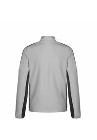 Veste grise avec manches longues, col haut et panneaux latéraux noir. Texture lisse, sans quincaillerie ni embellissements visibles.
