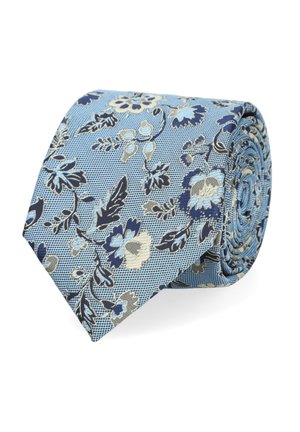 Jedwabny krawat w jasnoniebieskim kolorze z kwiatowym wzorem, zawierającym ciemnoniebieskie, granatowe i kremowe kwiaty; tkanina teksturowana o gładkim wykończeniu.