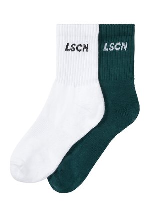 Cotton blend socks in white and dark green. Ribbed cuffs with contrasting "LSCN" logo in black. Soft texture, standard athletic style.