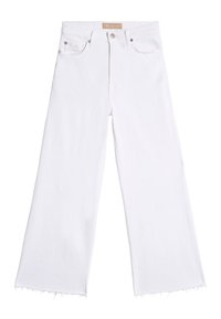 Jeans bianchi a gamba larga in denim con orlo grezzo, due tasche anteriori e chiusura con zip e bottone.