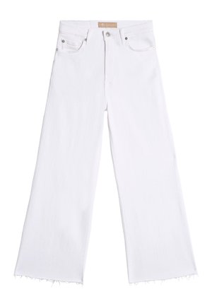 White wide-leg jeans made of denim, featuring a raw hem, two front pockets, and a zip-fly with button closure.